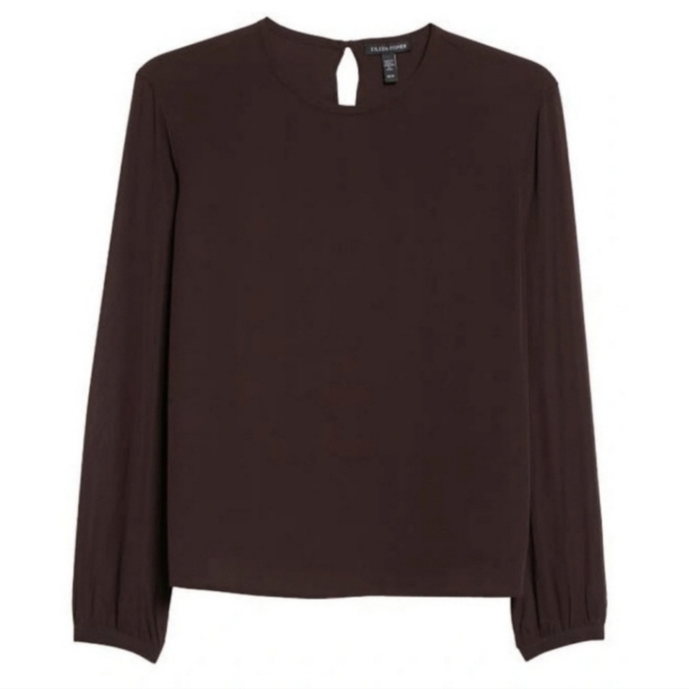 Eileen Fisher Long Sleeve Silk Georgette Sheer Sleeve Blouse Size Large NWOT